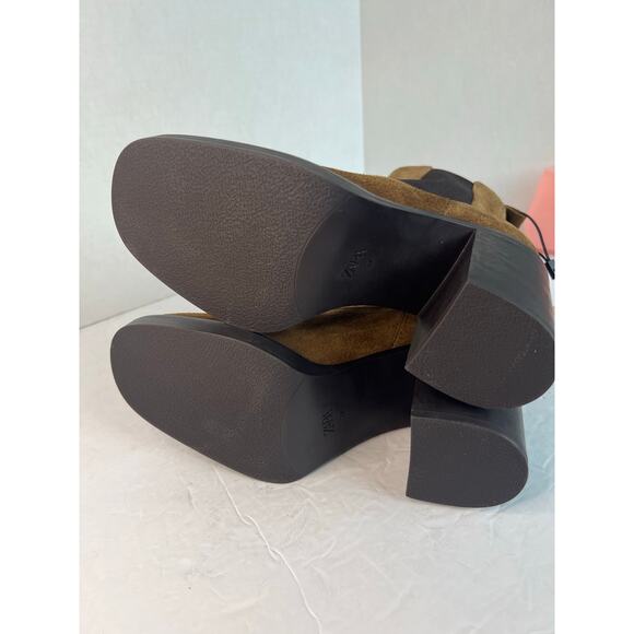 NWT Zara Brown Suede Chelsea High Block Heel Pull Tab Slip On Ankle Boots Sz 6.5 - Picture 8 of 10